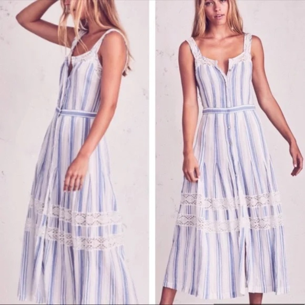 LoveShackFancy Blue and White Striped Lace-Trim Maxi Dress